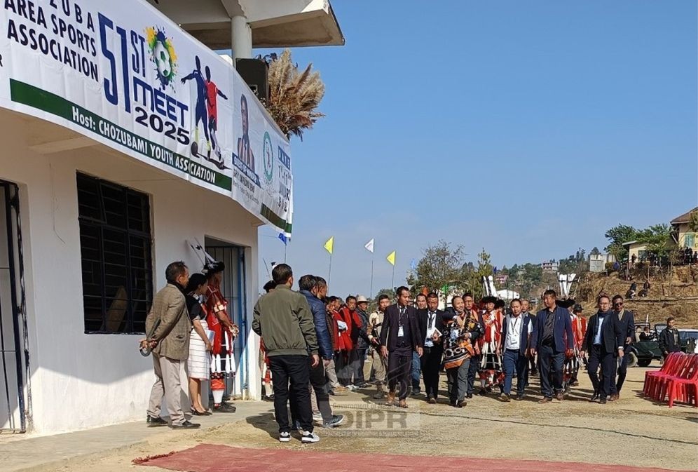 MP S Supongmeren Jamir being received by officials of the 51st Chozuba Area Sports Association Meet at Local Ground, Chozuba, Phek on January 7. (DIPR Photo)
